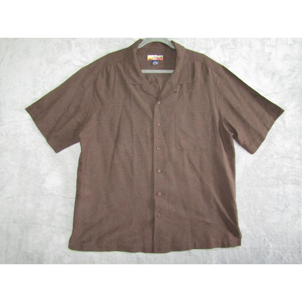 Havana Jacks Cafe Mens‎ Brown Silk Short Sleeve Button Up Shirt Tropical Palm XL